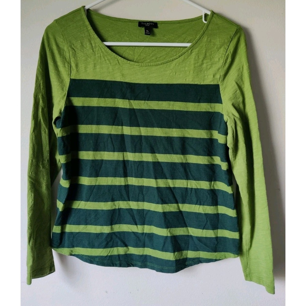 Talbot's‎ Petites Women's Green Striped Long Sleeve T-shirt 100% Cotton Size PM